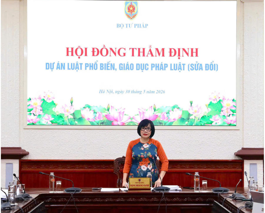 Thứ trưởng Bộ Tư pháp Đặng Hoàng Oanh phát biểu tại buổi thẩm định. Ảnh: VGP/DA
