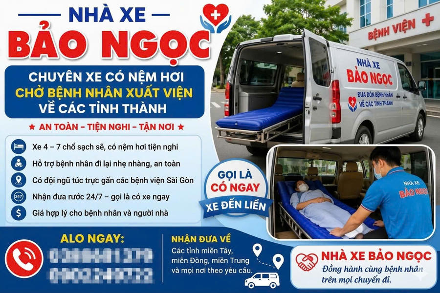 Xe Bảo Ngọc quảng cáo có gắn nệm hơi, nhận chở bệnh nhân xuất viện về các tỉnh.