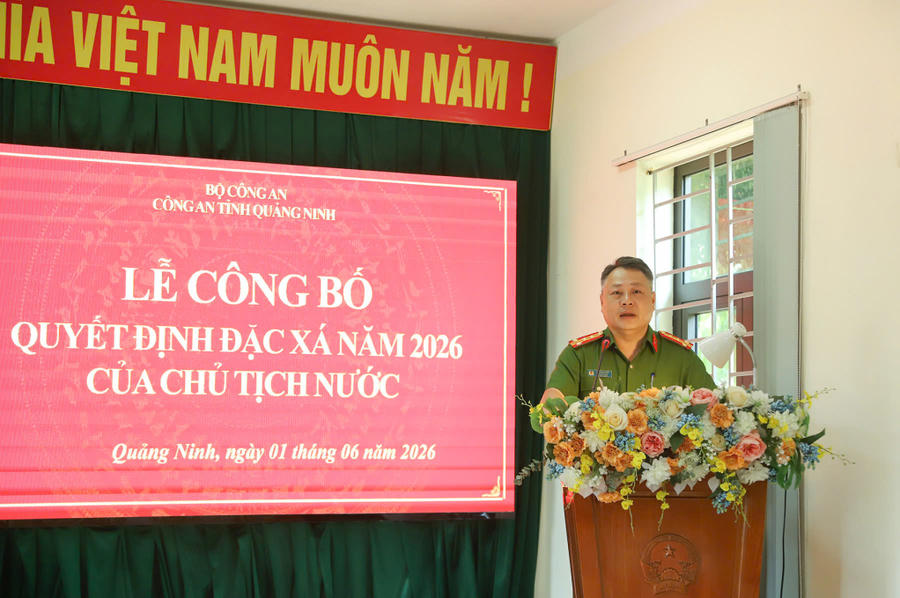 Đại tá Vũ Trung Hiếu, Phó Giám đốc Công an tỉnh phát biểu tại Lễ công bố.