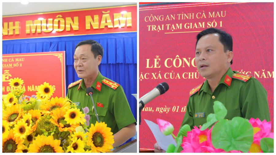 Đại tá Nguyễn Văn Chiến - Giám thị Trại Tạm giam số 2 (bên trái) phát biểu tiếp thu ý kiến chỉ đạo; Thượng tá Lê Quốc Phương - Giám thị Trại Tạm giam số 1 phát biểu tại buổi lễ.