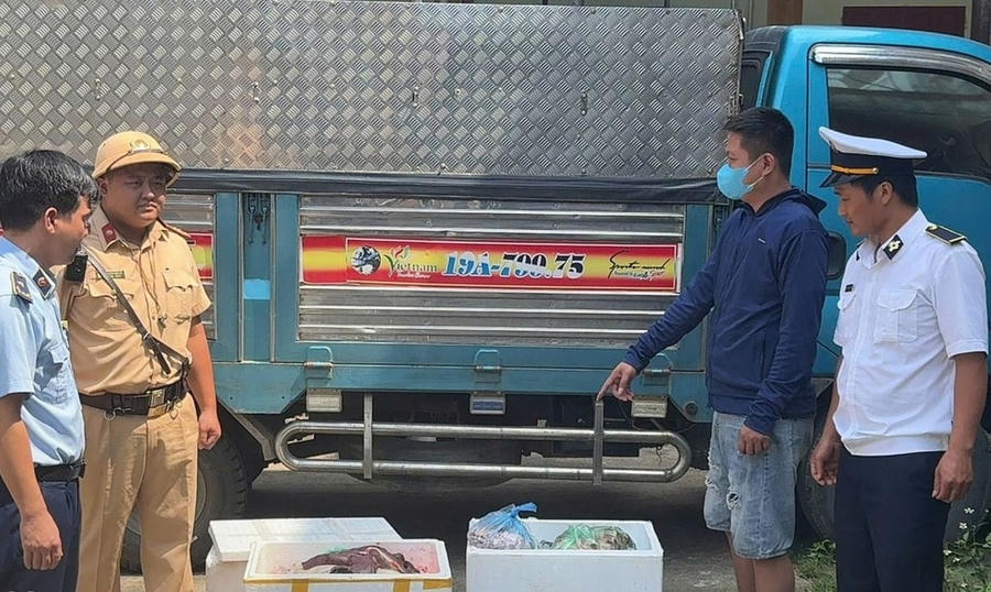 145kg nội tạng lợn đã bốc mùi được tài xế vận chuyển về địa bàn Hà Nội tiêu thụ bị CSGT phát hiện, xử lý (Ảnh: Công an cung cấp).