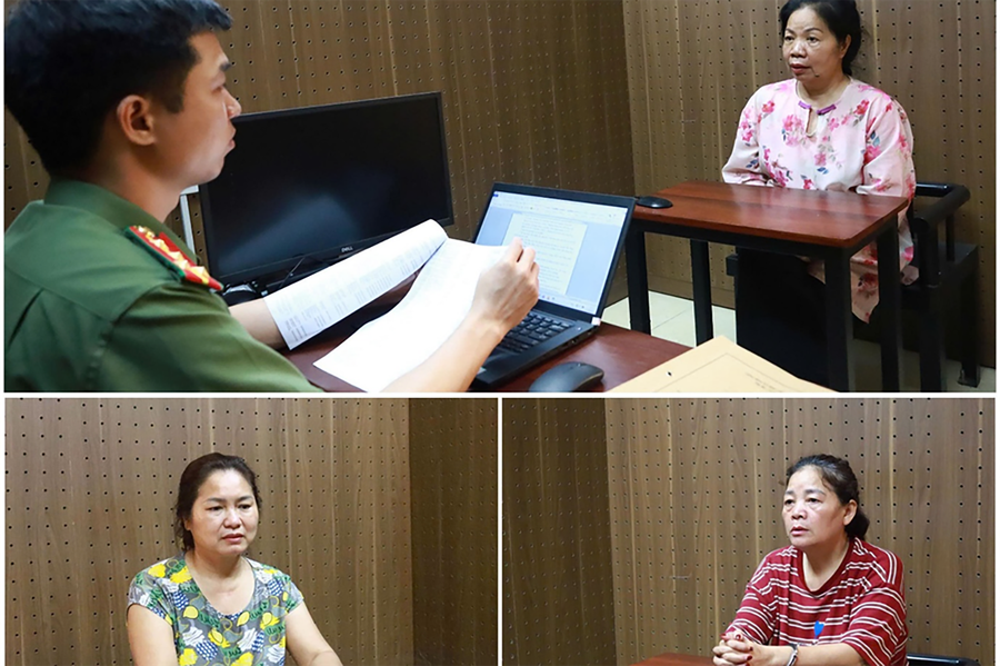 Phạm Tuyết Lê (trên), Vũ Thị Chuyền (trái) và Kiều Thị Thúy Hường (phải) tại cơ quan công an. Ảnh: Công an tỉnh Lạng Sơn