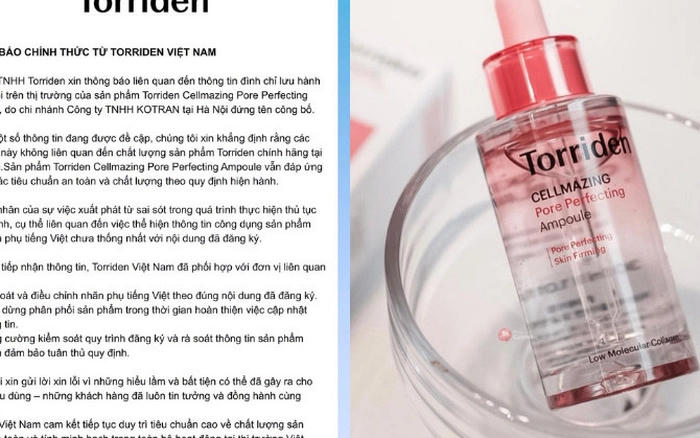 Tinh chất chống lão hóa&nbsp;Torriden Cellmazing Pore Perfecting Ampoule do công ty Kotrans phân phối có nhãn ghi không đúng bản chất.