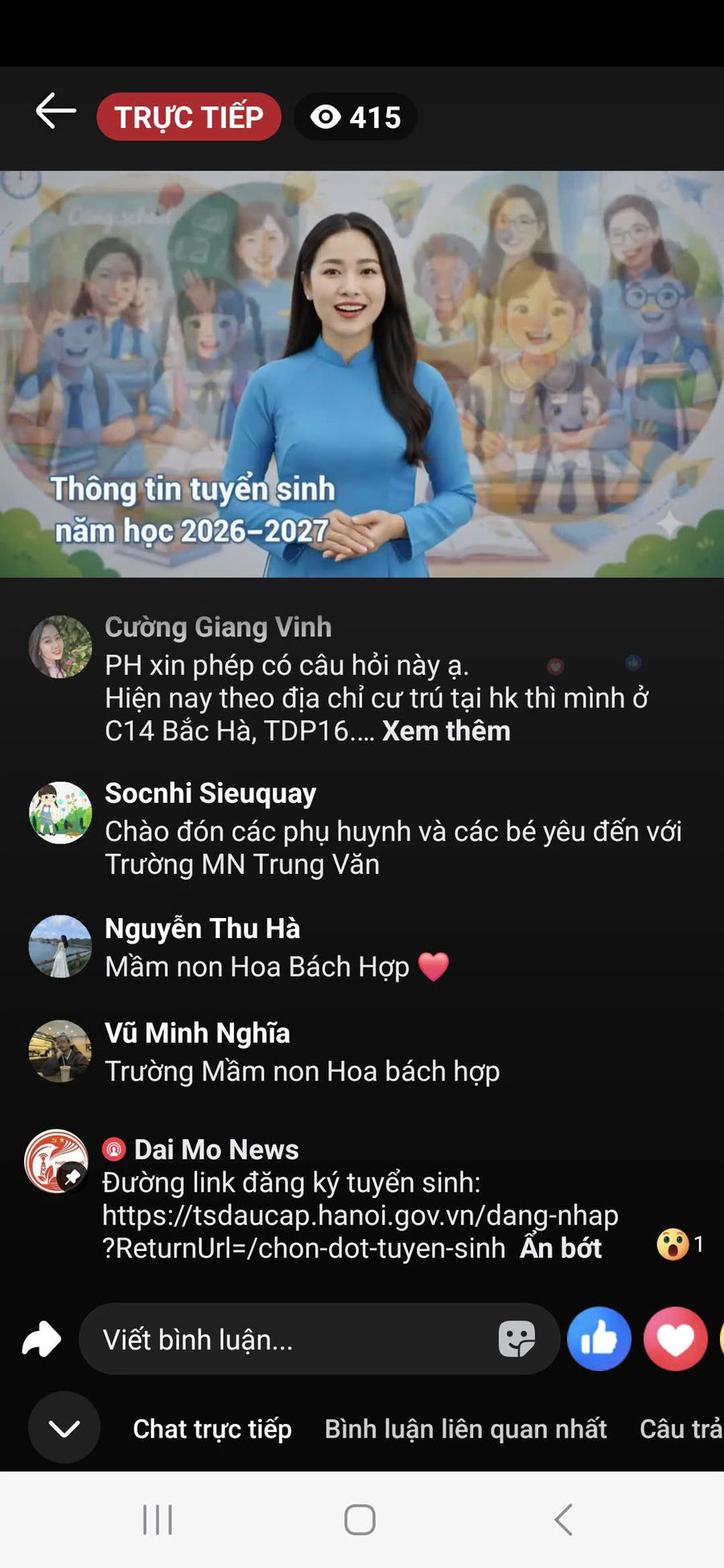 Buổi livestream ra mắt mô hình "Đại Mỗ số đồng hành cùng người dân" với Hợp phần số 01 - Tuyển sinh số - Đồng hành cùng phụ huynh thu hút hàng trăm lượt xem, bình luận và chia sẻ.