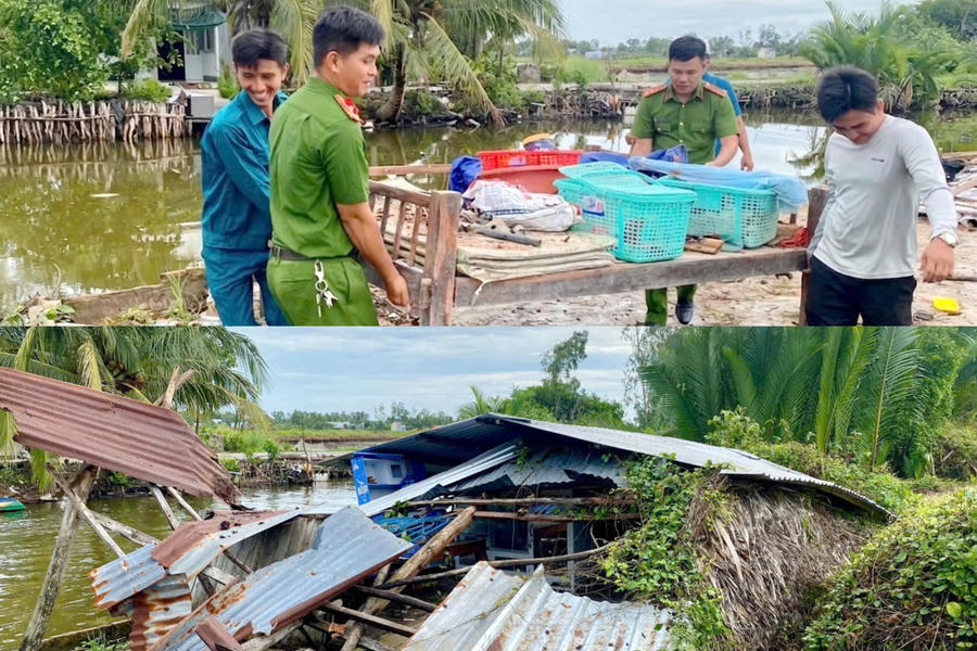 Cán bộ Công an xã Ninh Thạnh Lợi cùng chính quyền địa phương hỗ trợ hộ dân thu dọn, khắc phục thiệt hại về nhà ở sau mưa dông.