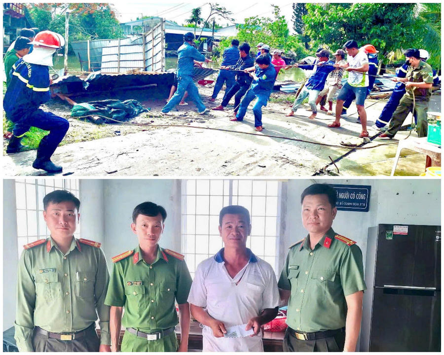 Lực lượng Công an xã U Minh phối hợp Cảnh sát PCCC và CNCH Công an tỉnh cùng người dân khắc phục hậu quả mưa dông; đồng thời Ban Chỉ huy Công an xã đến thăm hỏi, hỗ trợ gia đình ông Trịnh Minh Quân, thành viên lực lượng bảo vệ an ninh, trật tự ở cơ sở ấp 14, có nhà bị sập do lốc xoáy.