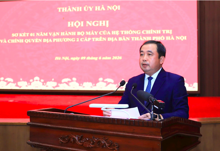 Bí thư Thành ủy Hà Nội Trần Đức Thắng phát biểu tại hội nghị tổng kết 1 năm vận hành mô hình chính quyền địa phương 2 cấp.