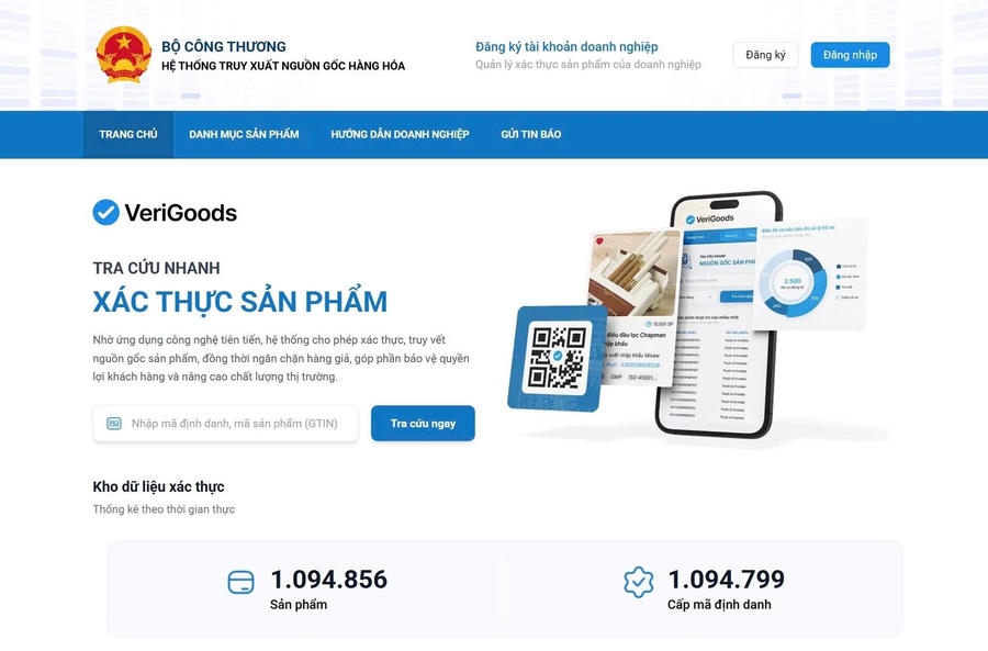 Giao diện của Hệ thống truy xuất nguồn gốc hàng hóa tại Verigoods.vn