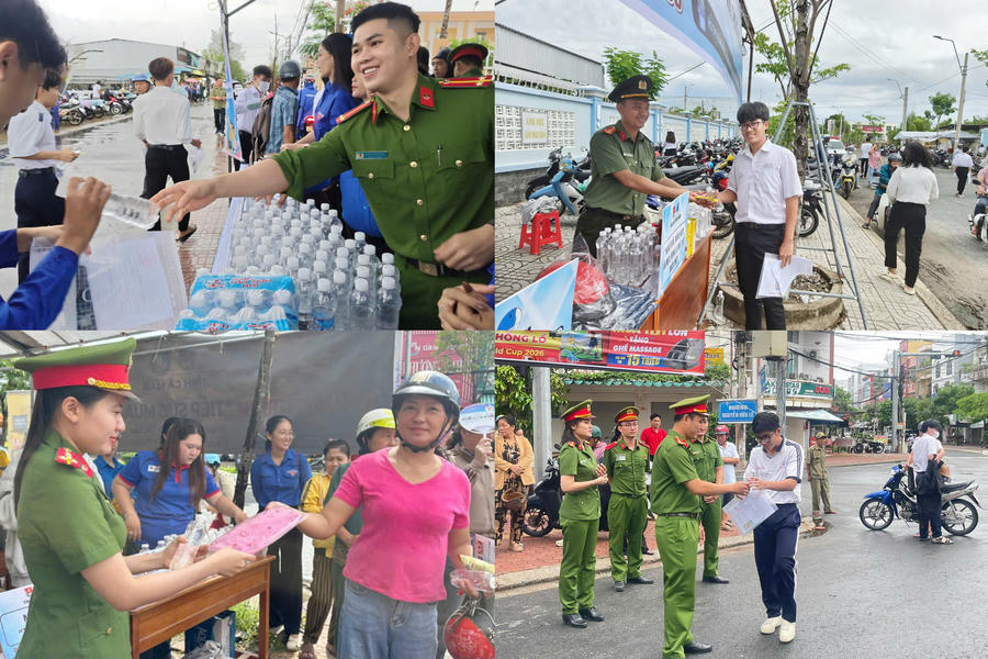 Đoàn viên thanh niên Công an Cà Mau hỗ trợ các thí sinh trong kỳ thi THPT năm 2026.