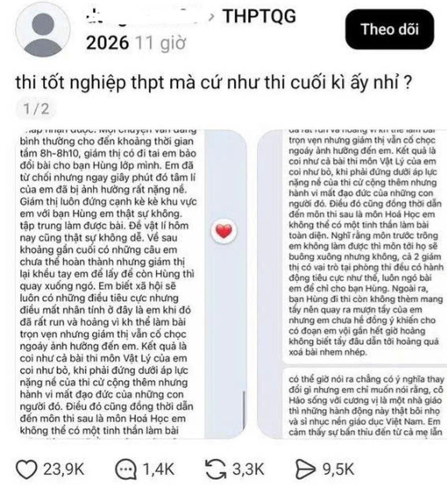 Nội dung bài đăng trên mạng xã hội phản ánh việc giám thị gợi ý thí sinh cho bạn cùng phòng xem bài thi.