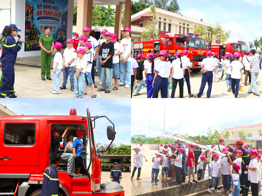 Các em thiếu nhi hào hứng tham quan phương tiện chuyên dụng và thực hành kỹ năng phòng cháy, chữa cháy cùng lực lượng Cảnh sát PCCC và CNCH.