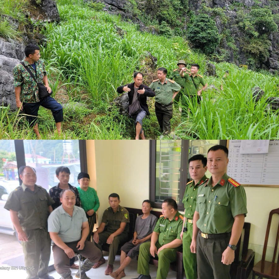 Ông Sình Chứ Xá (áo phông xám) được lực lượng chức năng tìm kiếm, đưa về nhà an toàn. (Ảnh: Bộ Công an).