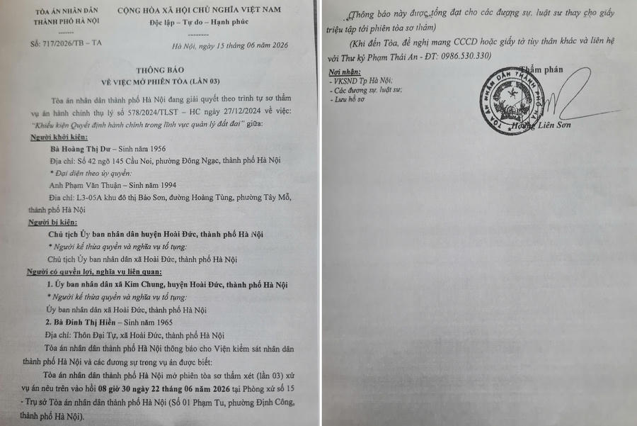 Thông báo về việc mở phiên tòa (lần 3) của UBND TP Hà Nội.