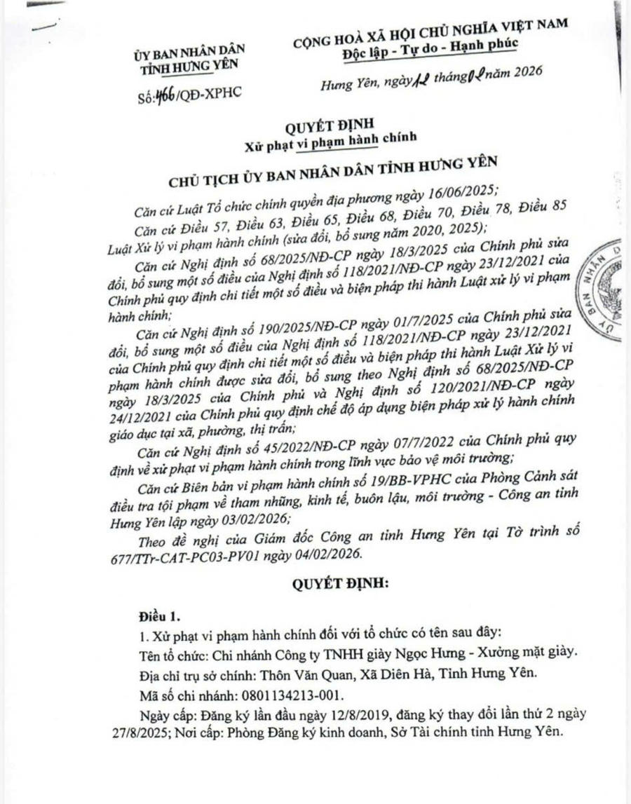 UBND tỉnh Hưng Tên ban hành Quyết định xử phạt vi phạm hành chính số tiền 78 triệu đồng do Chi nhánh Công ty giày Ngọc Hưng đã có hành vi xả thải gây ô nhiễm môi trường.