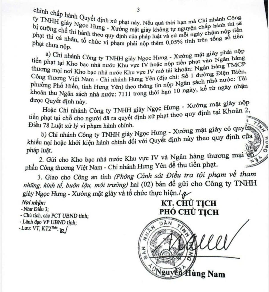 UBND tỉnh Hưng Tên ban hành Quyết định xử phạt vi phạm hành chính số tiền 78 triệu đồng do Chi nhánh Công ty giày Ngọc Hưng đã có hành vi xả thải gây ô nhiễm môi trường.