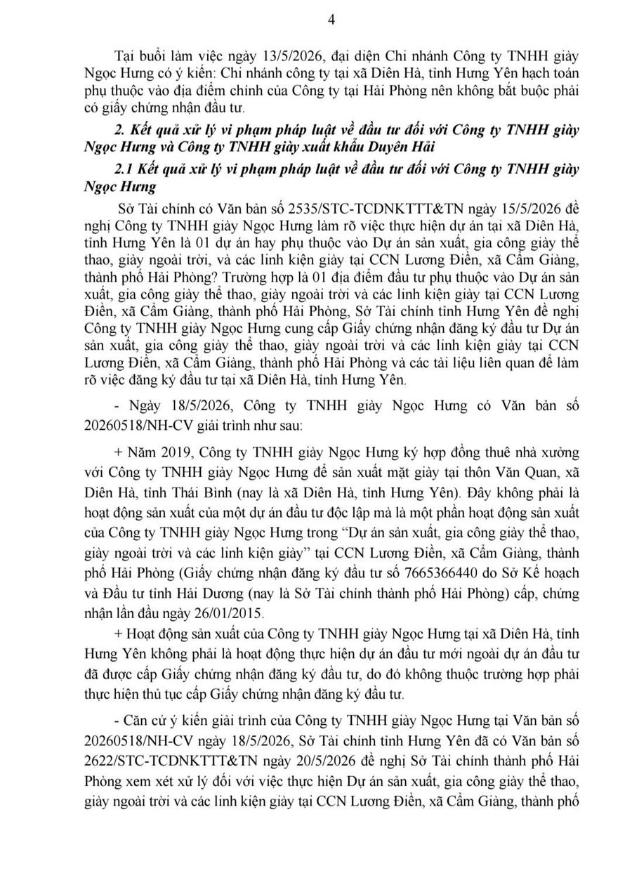 Báo cáo của Sở Tài Chính gửi UBND tỉnh Hưng Yên về quá trình rà soát xác minh kiểm tra quá trình tham mưu chấp thuận chủ trương đầu tư Dự án đầu tư xây dựng nhà máy may gia công mũ giày vải xuất khẩu tại xã Duyên Hải cũ nay là xã Diên Hà.