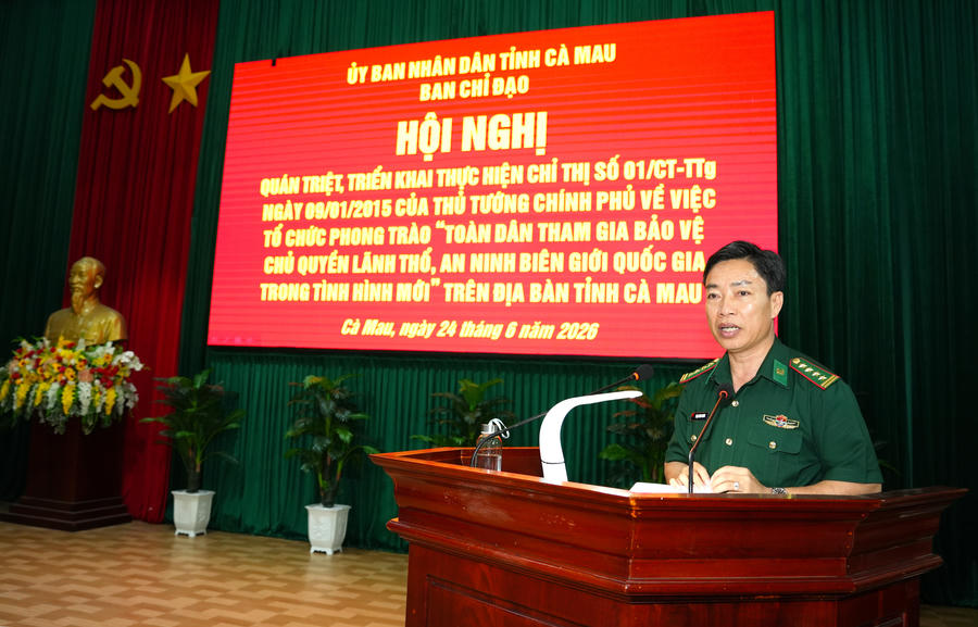 Đại tá Phạm Minh Giang - Chính ủy Ban Chỉ huy BĐBP tỉnh Cà Mau, Phó Trưởng ban Thường trực Ban Chỉ đạo phát biểu kết luận Hội nghị.