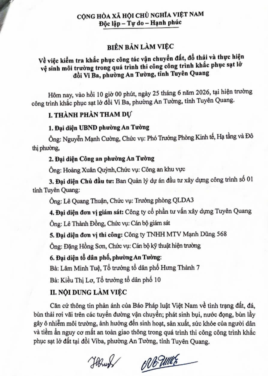 Biên bản làm việc của UBND phường An Tường với chủ đầu tư, đơn vị thi công và đơn vị giám sát khắc phục những tồn tại về công tác bảo vệ môi trường sau phản ánh của Báo Pháp luật Việt Nam.