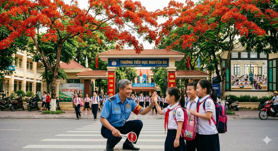 Hình ảnh bác bảo vệ thân thiện với các bạn nhỏ. (Ảnh do AI tạo). Hình ảnh bác bảo vệ thân thiện với các bạn nhỏ. (Ảnh do AI tạo).