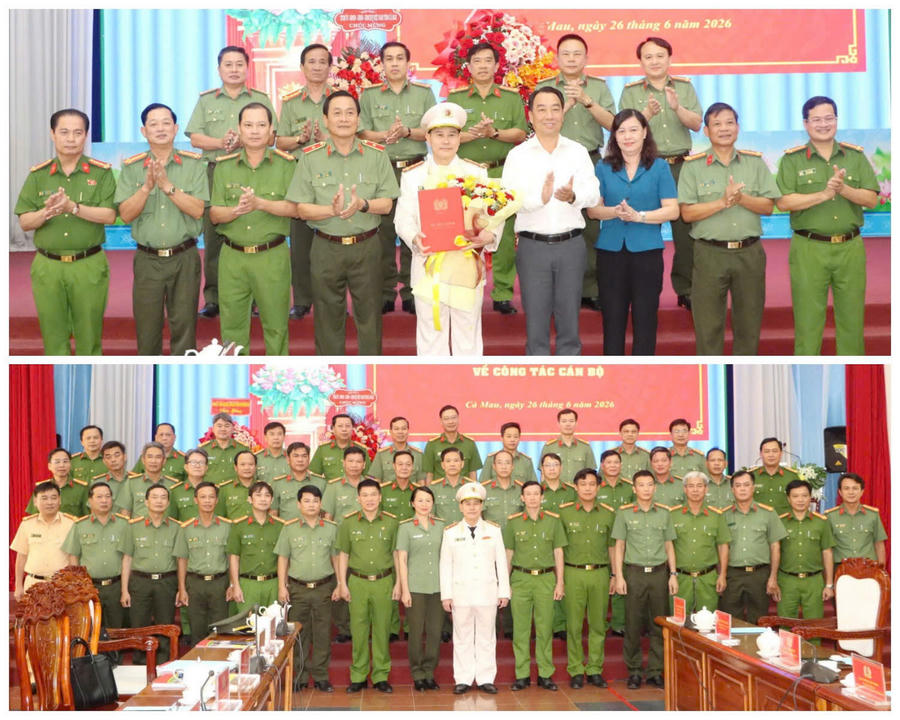 Lãnh đạo Tỉnh ủy, UBND tỉnh Cà Mau, Ban Giám đốc Công an tỉnh Cà Mau, Ban Giám đốc Công an thành phố Đồng Nai (ảnh trên); cùng lãnh đạo các đơn vị chụp ảnh lưu niệm với Đại tá Lê Mạnh Hùng tại lễ công bố quyết định.