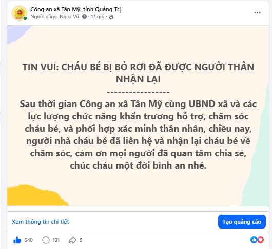 Bài đăng của Công an xã Tân Mỹ thông báo người mẹ nhận lại con nhận được nhiều sự quan tâm, ủng hộ của người dân trên mạng xã hội. (Ảnh: Công an tỉnh Quảng Trị)