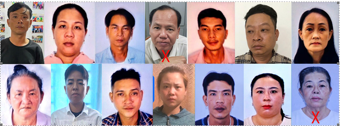 Đối tượng Nguyễn Thị Hoa và Tô Văn Bé Mười (dấu X đỏ) cùng với các đối tượng được Cơ quan Cảnh sát điều tra Công an thành phố ra thông báo truy tìm trước đó. (Ảnh: Công an TP Cần Thơ)