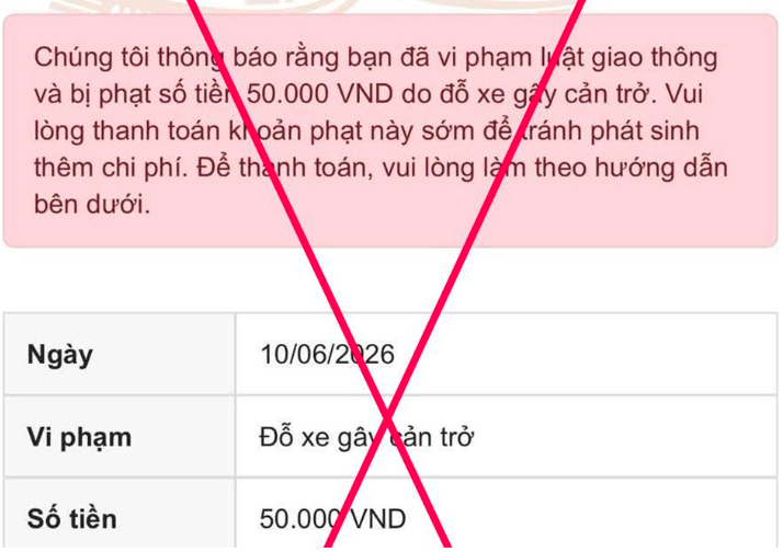 Nội dung thông báo vi phạm giao thông giả mạo nhằm lừa đảo người dân. Ảnh chụp màn hình.