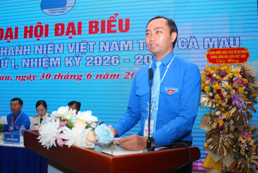 Anh Phạm Tuấn Tài - Bí thư Tỉnh đoàn, Phó Chủ tịch Ủy ban Mặt trận Tổ quốc Việt Nam tỉnh Cà Mau, phát biểu khai mạc Đại hội.