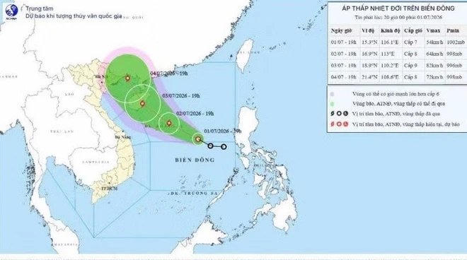 Dự báo mới nhất về hướng di chuyển và vùng ảnh hưởng của áp thấp nhiệt đới.