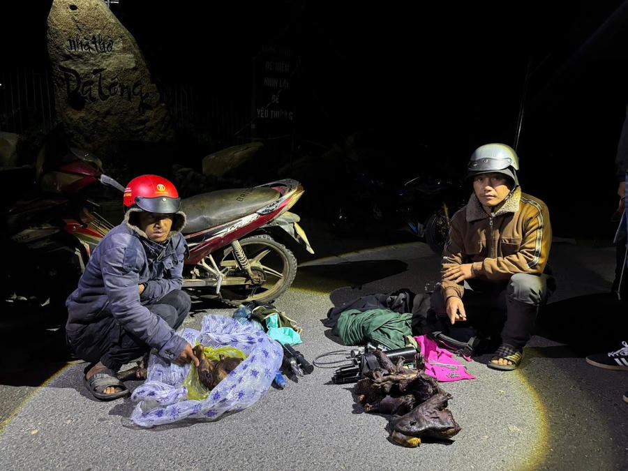 Lực lượng Công an xã Đam Rông 4 kiểm tra phương tiện, phát hiện các đối tượng vận chuyển động vật hoang dã và súng nén hơi nghi là vũ khí quân dụng.