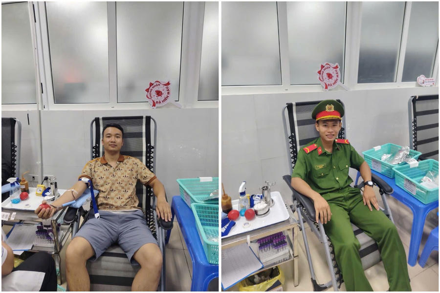 Hình ảnh Chiến sĩ Cảnh sát cơ động kịp thời hiến máu cứu người.
