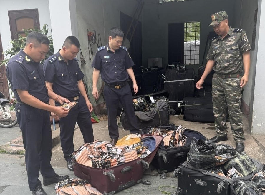 Lực lượng Hải quan khu vực VII phối hợp phát hiện, thu giữ nhiều thực phẩm đông lạnh trong các va ly, ba lô, túi xách. Ảnh: Hải quan khu vực VII