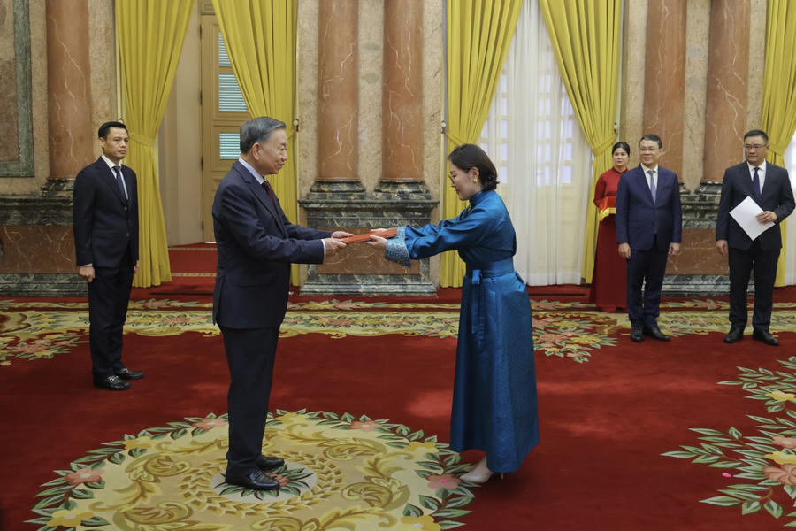 Tổng Bí thư, Chủ tịch nước Tô Lâm nhận Quốc thư từ Đại sứ Mông Cổ Hulan Ganbaatar. (Ảnh: VPCTN)