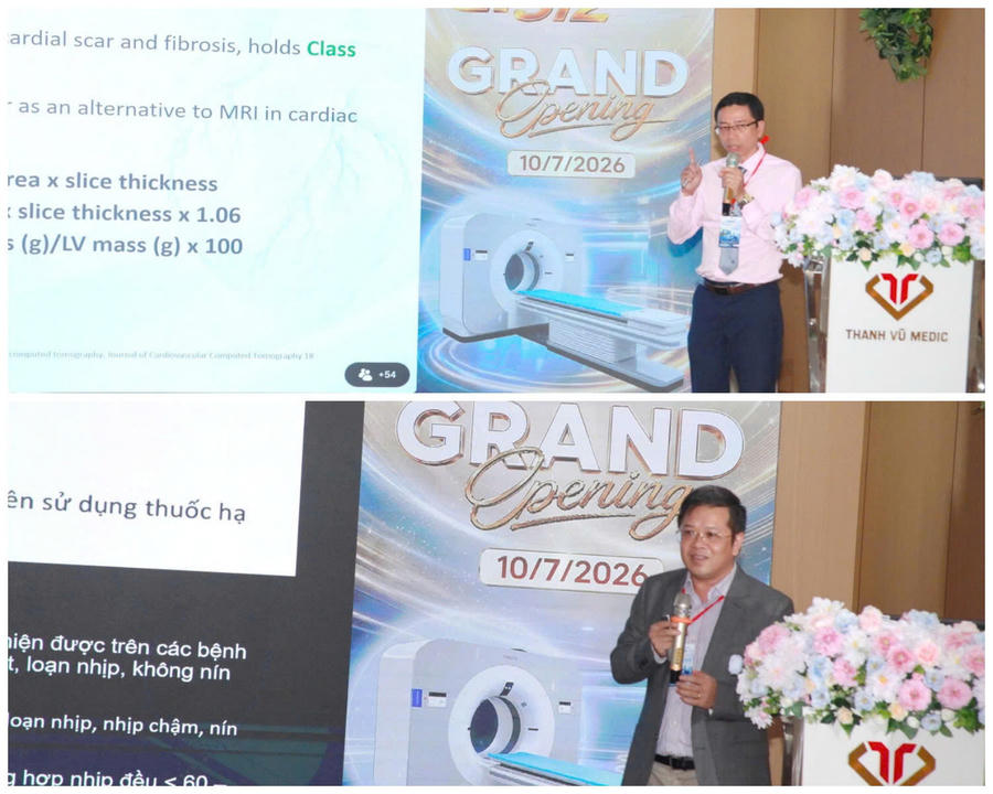 BS.CKII Nguyễn Xuân Trình trình bày chuyên đề "CT phổ trong thực hành tim mạch hiện đại" (Ảnh trên); BS.CKII Nguyễn Minh Châu trình bày chuyên đề "Ứng dụng và kinh nghiệm sử dụng hệ thống CT phổ Spectral CT 512 lát cắt tại Bệnh viện E".