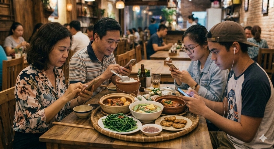 Hình ảnh khá phổ biến hiện nay: cả nhà quây quần bên nhau, bên mâm cơm nhưng ai cũng mải mê, cắm cúi xem điện thoại mà thiếu sự quan tâm, kết nối (ảnh tạo bởi AI). Hình ảnh khá phổ biến hiện nay: cả nhà quây quần bên nhau, bên mâm cơm nhưng ai cũng mải mê, cắm cúi xem điện thoại mà thiếu sự quan tâm, kết nối (ảnh tạo bởi AI).