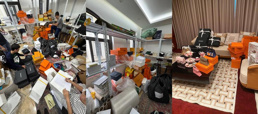 Lực lượng chức năng kiểm tra số hàng hóa có dấu hiệu giả mạo nhãn hiệu tại địa điểm kinh doanh.