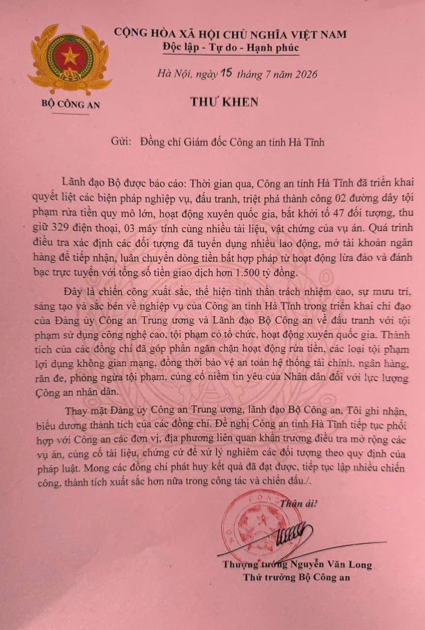 Lãnh đạo Bộ Công an gửi Thư khen Công an tỉnh Hà Tĩnh.