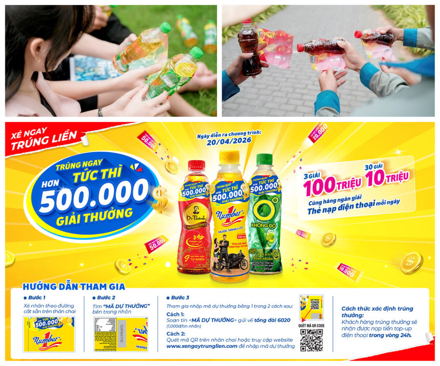 Chọn các sản phẩm Trà Dr Thanh, Trà Xanh Không Độ và Nước tăng lực Number 1 có thông tin khuyến mãi, xé nhãn lấy mã và tham gia chương trình "Xé ngay trúng liền",  người tiêu dùng có cơ hội nhận gần 150.000 giải thưởng thẻ nạp điện thoại còn lại cùng 2 giải Đặc biệt, mỗi giải trị giá 100 triệu đồng tiền mặt trong hè này.