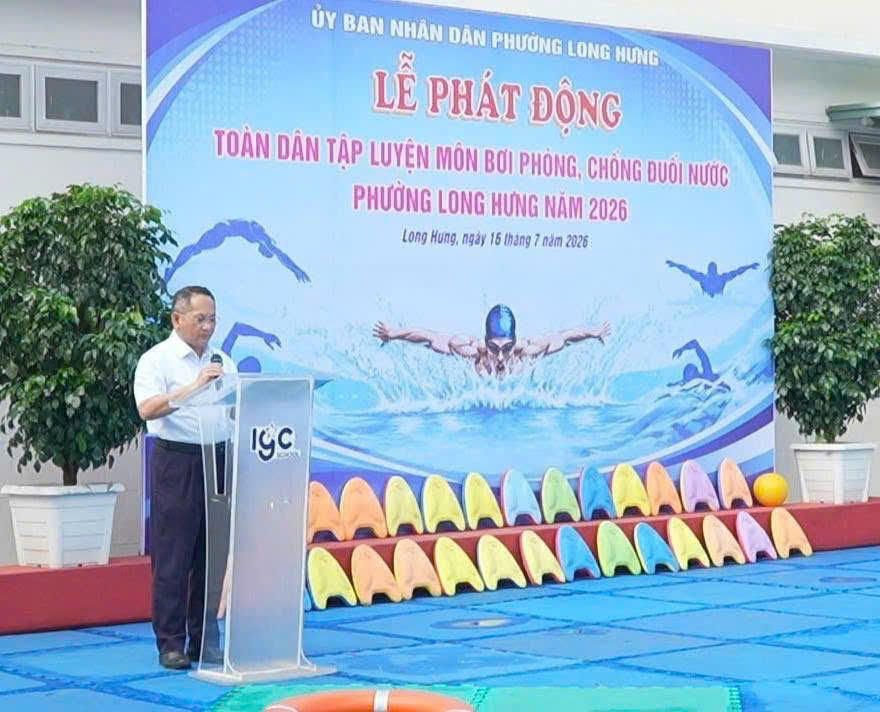Phường Long Hưng phát động toàn dân tập luyện môn bơi, nâng cao kỹ năng phòng, chống đuối nước cho trẻ em.