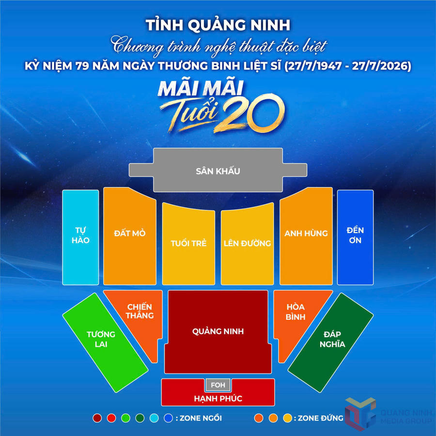 Sơ đồ phân khu khán giả tại chương trình nghệ thuật “Mãi mãi tuổi 20”.