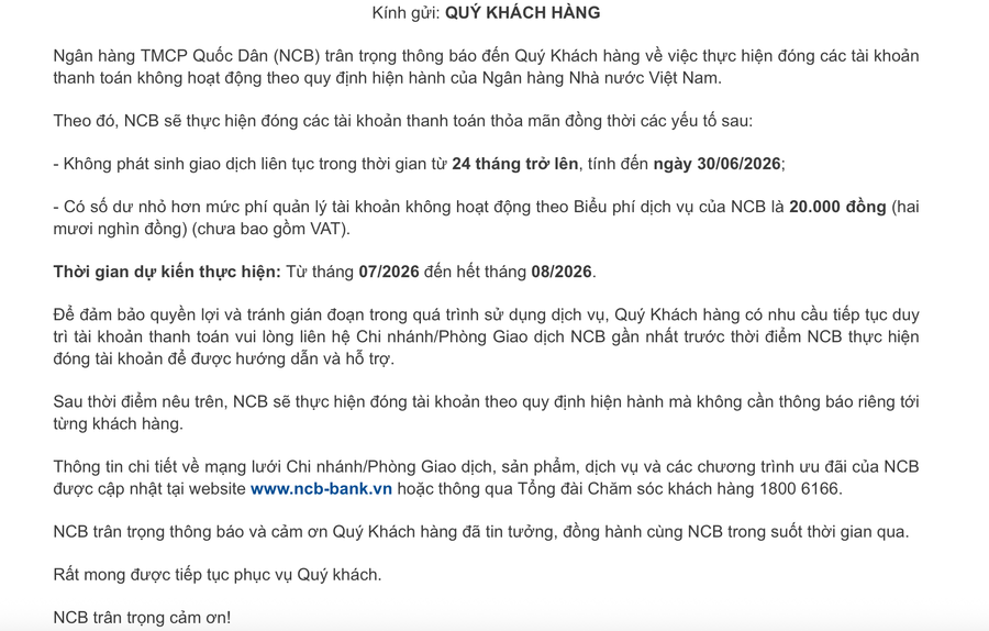 Thông báo của Ngân hàng TMCP Quốc Dân (NCB).