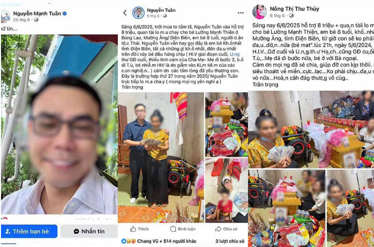 Nhiều bài đăng thông tin giống nhau của các đối tượng để kêu gọi từ thiện. Ảnh Facebook nhân vật