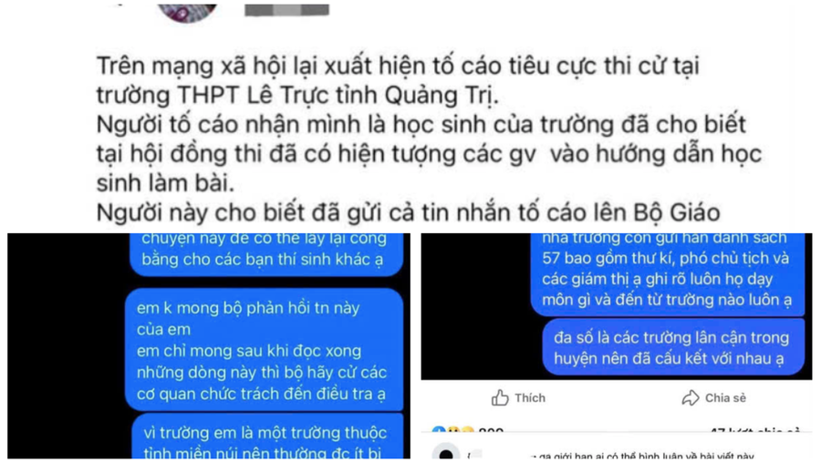 Thông tin nghi vấn tiêu cực xảy ra tại điểm thi trường THPT Lê Trực lan truyền trên mạng xã hội. Hình ảnh mạng xã hội.
