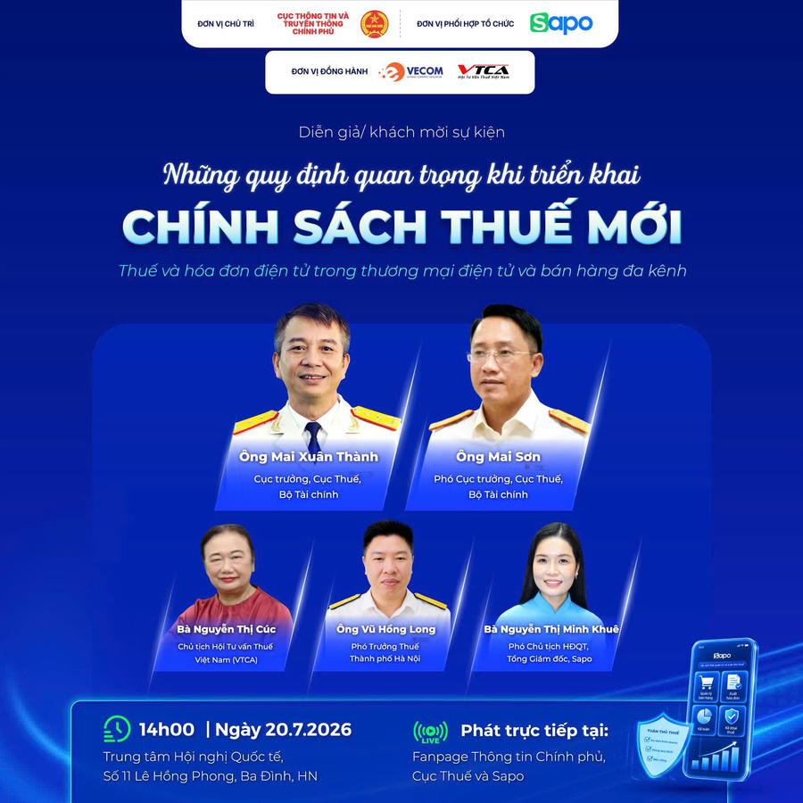 Hội thảo “Những quy định quan trọng khi triển khai chính sách thuế mới - Thuế và hóa đơn điện tử trong thương mại điện tử và bán hàng đa kênh” sẽ diễn ra vào chiều 20/7. Ảnh: Cục Thuế