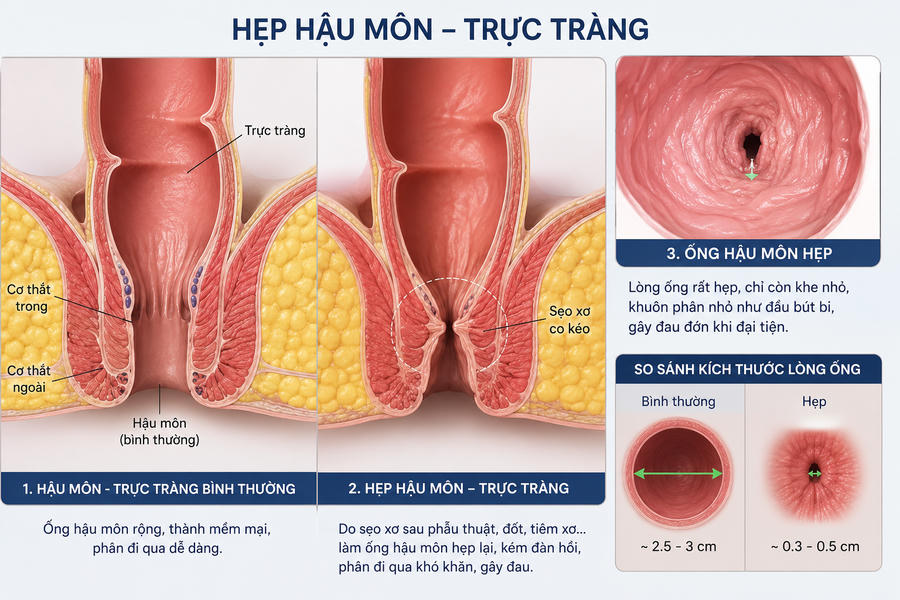 Hình vẽ 3D mô phỏng bệnh lý hẹp hậu môn – trực tràng.