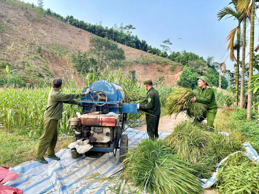 Công an xã Tân Hợp hỗ trợ bà con thu hoạch lúa, gắn kết hình ảnh người Chiến sỹ công an nhân dân với bà con địa phương.