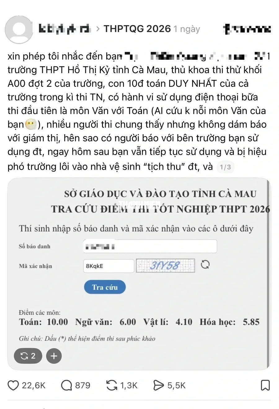 Thông tin thí sinh T.T.Q sử dụng điện thoại trong các buổi thi môn ngữ văn và toán tại kỳ thi tốt nghiệp THPT năm 2026 đang lan truyền mạng xã hội
. Ảnh chụp màn hình