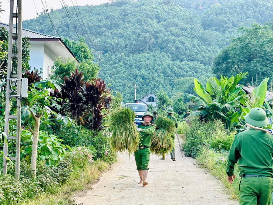 Công an xã Tân Hợp hỗ trợ bà con thu hoạch lúa, gắn kết hình ảnh người Chiến sỹ công an nhân dân với bà con địa phương.
