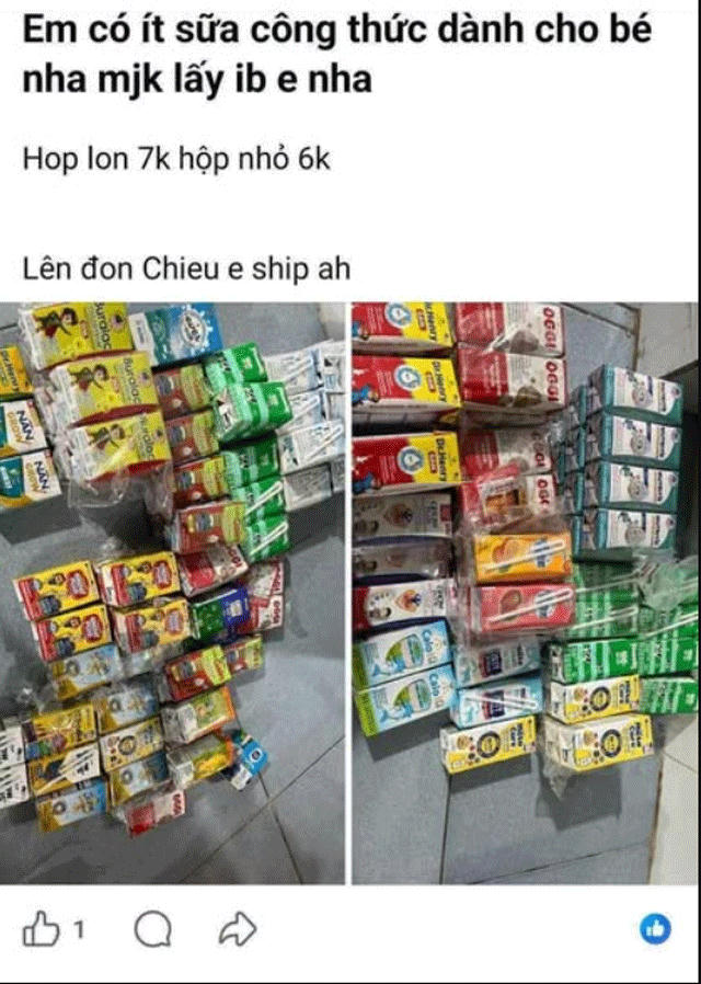 Hình ảnh rao bán sữa công thức được lan truyền trên mạng xã hội. Ảnh chụp màn hình