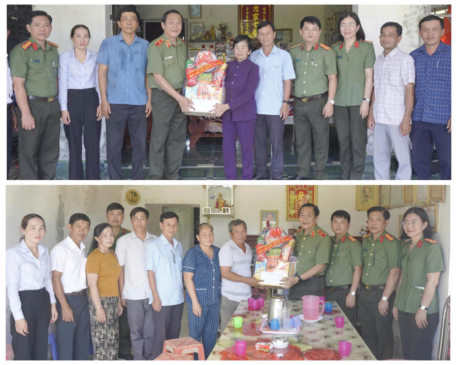 Thiếu tướng Hồ Việt Triều cùng đoàn công tác trao quà tri ân gia đình bà Nguyễn Thị Chi (thương binh 4/4), ngụ ấp Tân Bằng, xã Biển Bạch (ảnh trên); thăm hỏi, trao quà tri ân gia đình ông Lê Hoàng Nai (thương binh 4/4), ngụ ấp 11, xã Biển Bạch (Ảnh: Hữu Đệ).